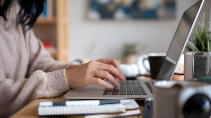 A close-up of a woman's hand typing on a laptop keyboard. A businesswoman using a laptop computer to browse the internet, look up information at home, and participate in e-learning