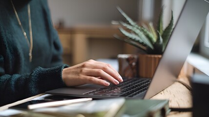 A close-up of a woman's hand typing on a laptop keyboard. A businesswoman using a laptop computer to browse the internet, look up information at home, and participate in e-learning
