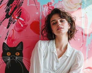 Fototapeta premium Portrait of a young woman in a white blouse, seated against a vibrant floral and abstract art backdrop, featuring a bold black cat illustration with vivid orange eyes. 