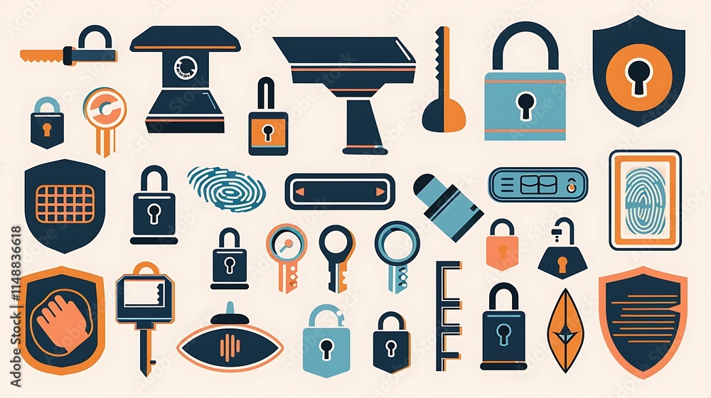 Poster a set of vector icons of security tools and signs