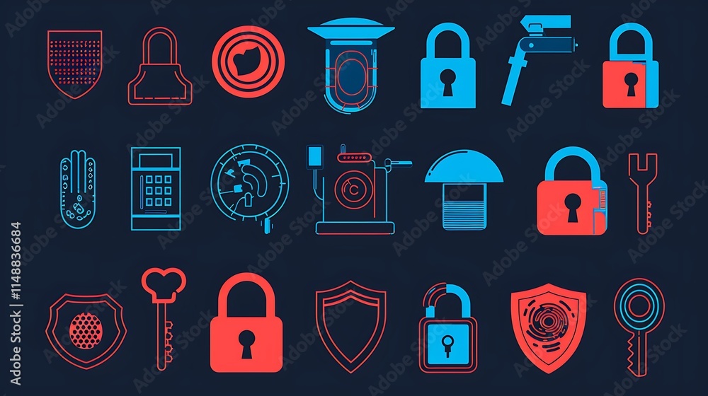 Poster a set of vector icons of security tools and signs