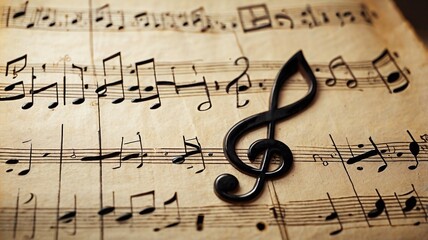 Musical notes. Treble clef on sheet music. Musical note icons.