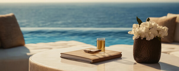Obraz premium serene outdoor setting featuring sleek notebook, classic pen, and refreshing drink beside beautiful flower arrangement