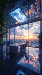 Fototapeta premium Futuristic office with holographic displays skyscraper cityscape business environment evening view high-tech concept