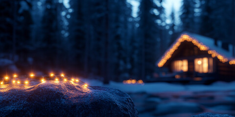 Obraz premium cozy cabin in snowy forest, adorned with twinkling lights, creates warm atmosphere. serene landscape invites tranquility and peace