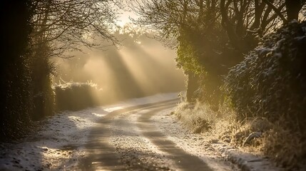 Sunbeams Streaking Through Trees on a Snowy Path