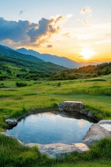 Obraz premium Relaxing hot spring in serene green grass field at sunset nature photography peaceful landscape view
