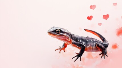 Naklejka premium Cute Lizard Valentine - Adorable lizard, pink background, hearts, love, Valentine's Day, reptile.