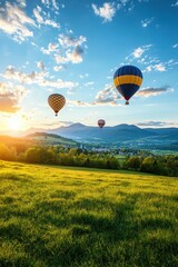 Obraz premium Vibrant sunset hot air balloons over a green grass field scenic landscape photography nature environment