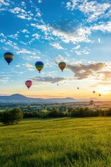 Obraz premium Hot air balloons soaring over sunset landscape green grass field vibrant sky scenic viewpoint nature photography
