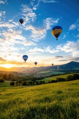 Obraz premium Hot air balloons flying over vibrant green grass field at sunset scenic landscape nature photography