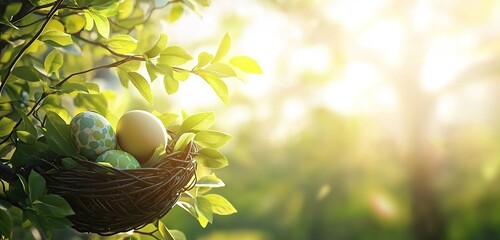 Easter banner with green leaves and a thalassic mosaic egg basket on a blurred background