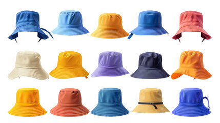  Collection of colorful bucket hats on white or transparent background.png