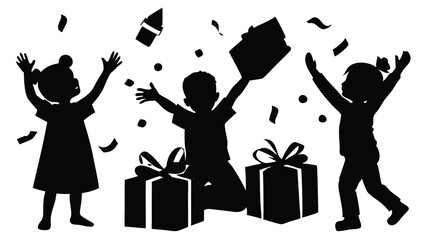 silhouette of excited children opening gifts on Christmas morning