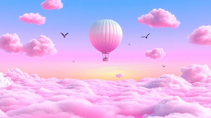Fototapeta premium Serene Hot Air Balloon Journey Above Dreamy Pink Clouds and Soft Sky at Sunrise, Capturing the Essence of Adventure and Tranquility in Nature