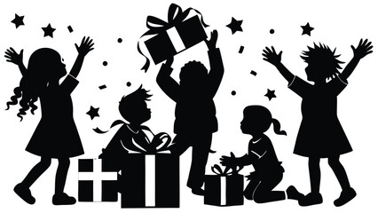 silhouette of excited children opening gifts on Christmas morning