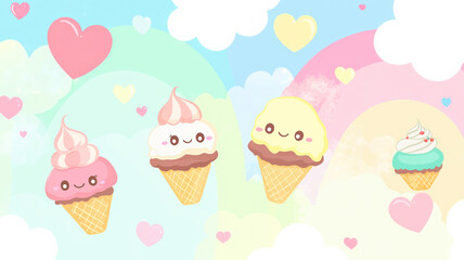 A kawaii-style background featuring smiling ice cream cones, cheerful cupcakes, and candy hearts floating in a pastel rainbow sky, creating an adorable and fun atmosphere perfect for sweet designs