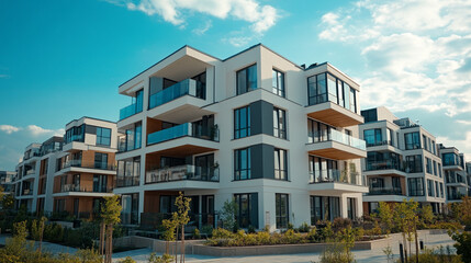 Detail of modern residential apartment flat building exterior showcasing a luxury home complex with sleek design and city real estate. A fragment of upscale architecture with blue sky and copy space