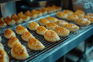 Fried dumplings, placed on a metal rack in a market stall, close-up of fried Asian