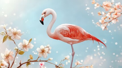 Naklejka premium Flamingo and Blossoms - Elegant flamingo, delicate blossoms, serene beauty, spring ambiance, peaceful nature.