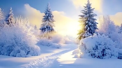 Snow-Covered Forest Path at Sunset with Sunbeams Through Trees