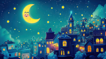A kawaii-style cityscape at night featuring smiling buildings, glowing stars, and a crescent moon with a cheerful face, creating a whimsical and dreamy atmosphere perfect for enchanting designs.