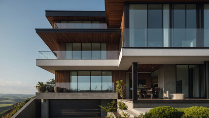 Multi-Level Residence with Glass Facades and Wood Accents