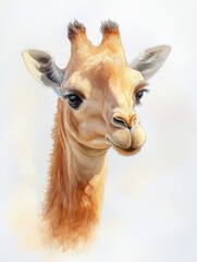 Obraz premium Gentle Giraffe Watercolor Portrait - A serene watercolor painting of a young giraffe's head and neck, symbolizing grace, gentleness, innocence, beauty, and African wildlife.