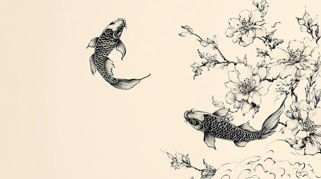 Elegant koi fish swimming gracefully, surrounded by delicate bru