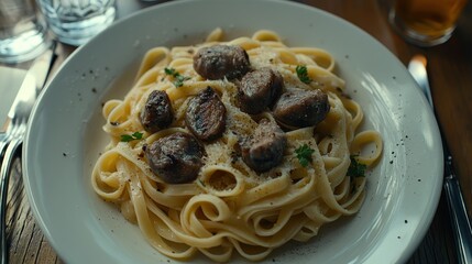 Pasta with sausage, cheese, herbs on a plate.