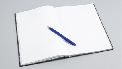 Blue ballpoint pen on open notebook minimalist light gray office desk