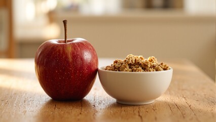 Fresh red apple with granola in a white bowl on a wooden table in soft morning light