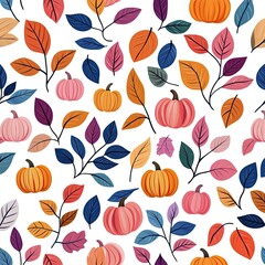 Colorful Autumn Leaves and Pumpkins Pattern with Vibrant Seasonal Foliage in Warm Tones for Backgrounds and Textiles