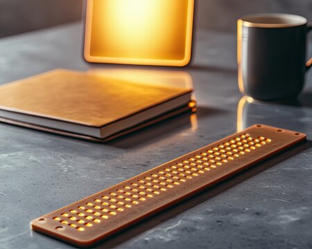 Braille Tools and Resources for Accessibility visualized as a tactile Braille ruler laid on a sleek desk, with a glowing notebook in the background representing educational accessibility