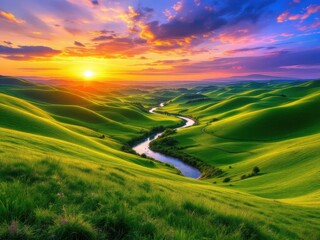 Fototapeta premium Serene Sunset Over Rolling Green Hills with Winding River