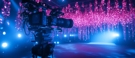 Fototapeta premium cinematic camera captures vibrant film set with glowing lights and floral decor, creating magical atmosphere