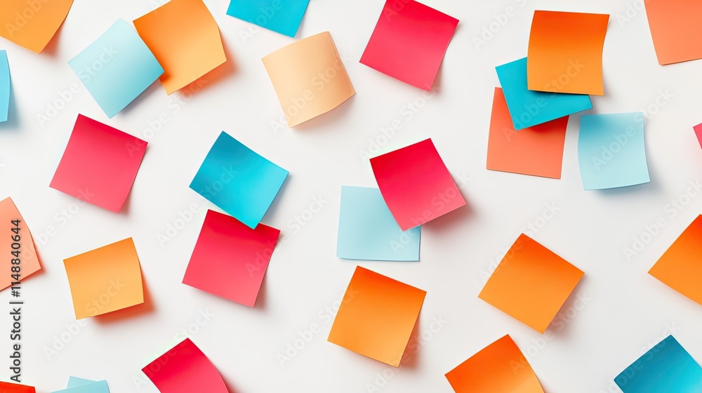 Poster colorful assorted sticky notes scattered on a white surface, creating an engaging and dynamic backgr