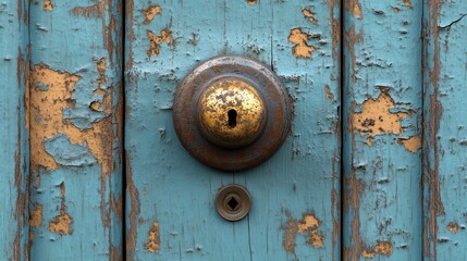 A close-up of a weathered blue door with a vintage brass doorknob and keyhole.