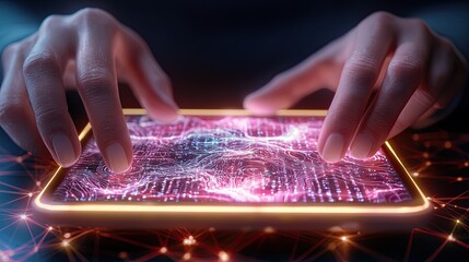 Promoting Gender Equality in Scientific Fields depicted as close-up hands programming a research algorithm on a glowing tablet, surrounded by intricate data displays symbolizing progress