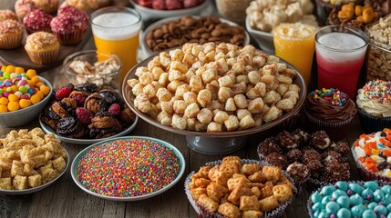 Obraz premium Table overflowing with fun snacks, cupcakes, and drinks, inviting joyful feasting.