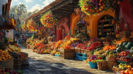 Fototapeta premium Traditional market scene filled with vibrant fruits, vegetables, and handmade crafts.