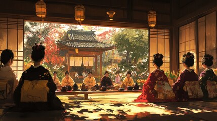 Traditional tea ceremony scene with kakemono displayed in the background, enhancing the ambiance.