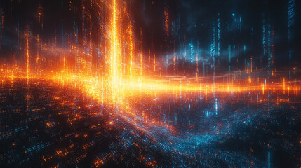 A dynamic data technology background showcasing big data visualization and the flow of information, symbolizing the interconnectedness of data, code, and digital transformation in a matrix-style desig