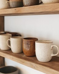 Warm ceramic mugs arranged on wooden shelf, showcasing unique te