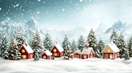 Idyllic snowy village scene with red houses, snow-covered trees, and mountains under a twilight sky.