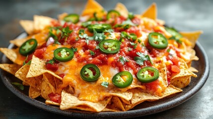 Vibrant nacho platter overflowing with melted cheese, jalape&Atilde;&plusmn;os, and fresh salsa, ready for sharing.