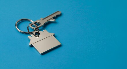 A silver key to a house, attached to a keychain, is shown against a blue background. empty space for copying onto the key chain. represents the idea of buying a new house and the real estate property.