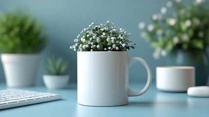 White mug with small white flowers, plants, keyboard on blue desk.