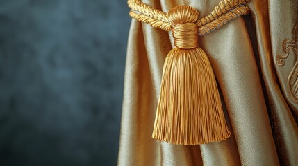 Elegant gold tassel hanging from richly textured fabric in a dimly lit setting
