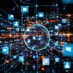 Fototapeta premium glowing digital globe surrounded by floating icons and connections, representing technology and communication